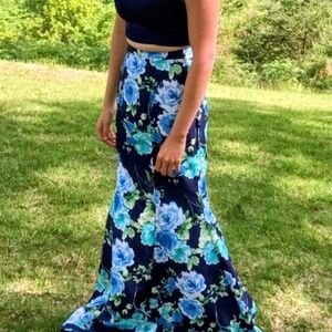 Sequin Hearts Blue Floral Mermaid Skirt & Crop Top